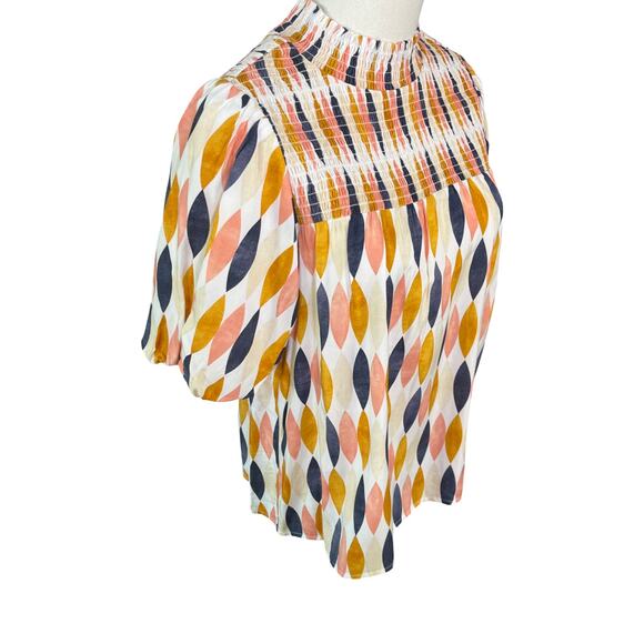 THML Smocked Neck Geometric Print Puff Sleeve Blouse Size S 100% Rayon - Picture 8 of 9